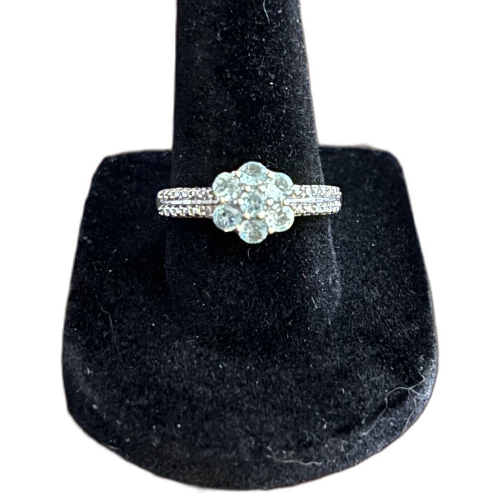 925 Sterling Silver Blue Topaz Cluster Ring Size 7 | Floral Halo Pavé Band
